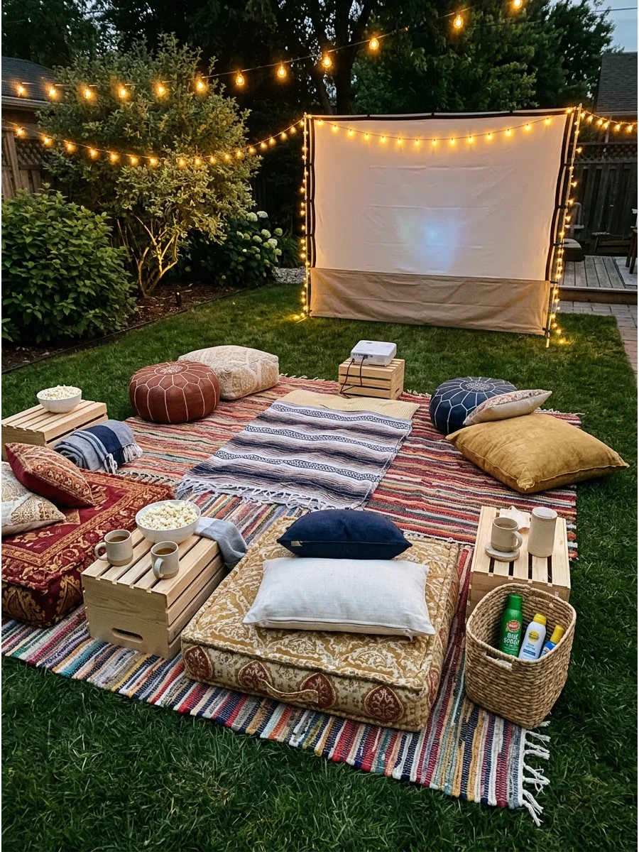 Floor cushions and rugs arranged on a lawn for a movie night.