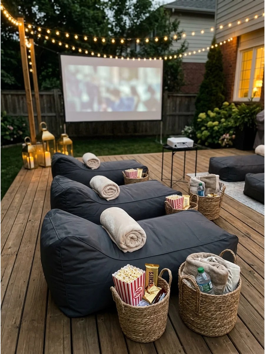 Bean bag chairs lined up on a wooden deck for an outdoor movie.