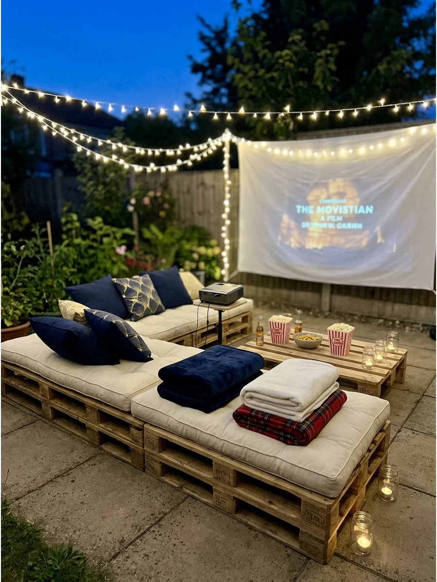 DIY pallet seating with cushions and pillows for an outdoor movie night.