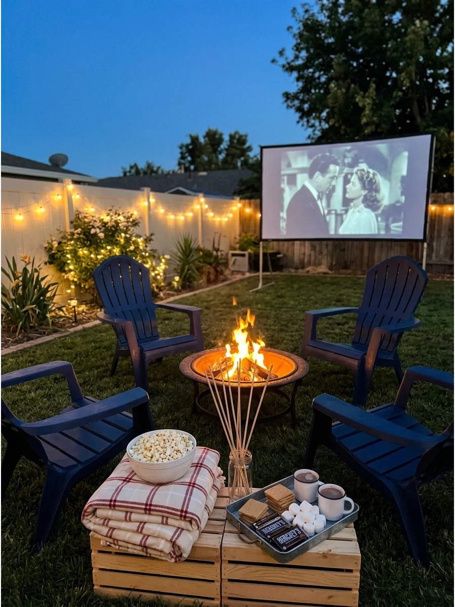 A fire pit with chairs positioned to watch a movie on a screen.