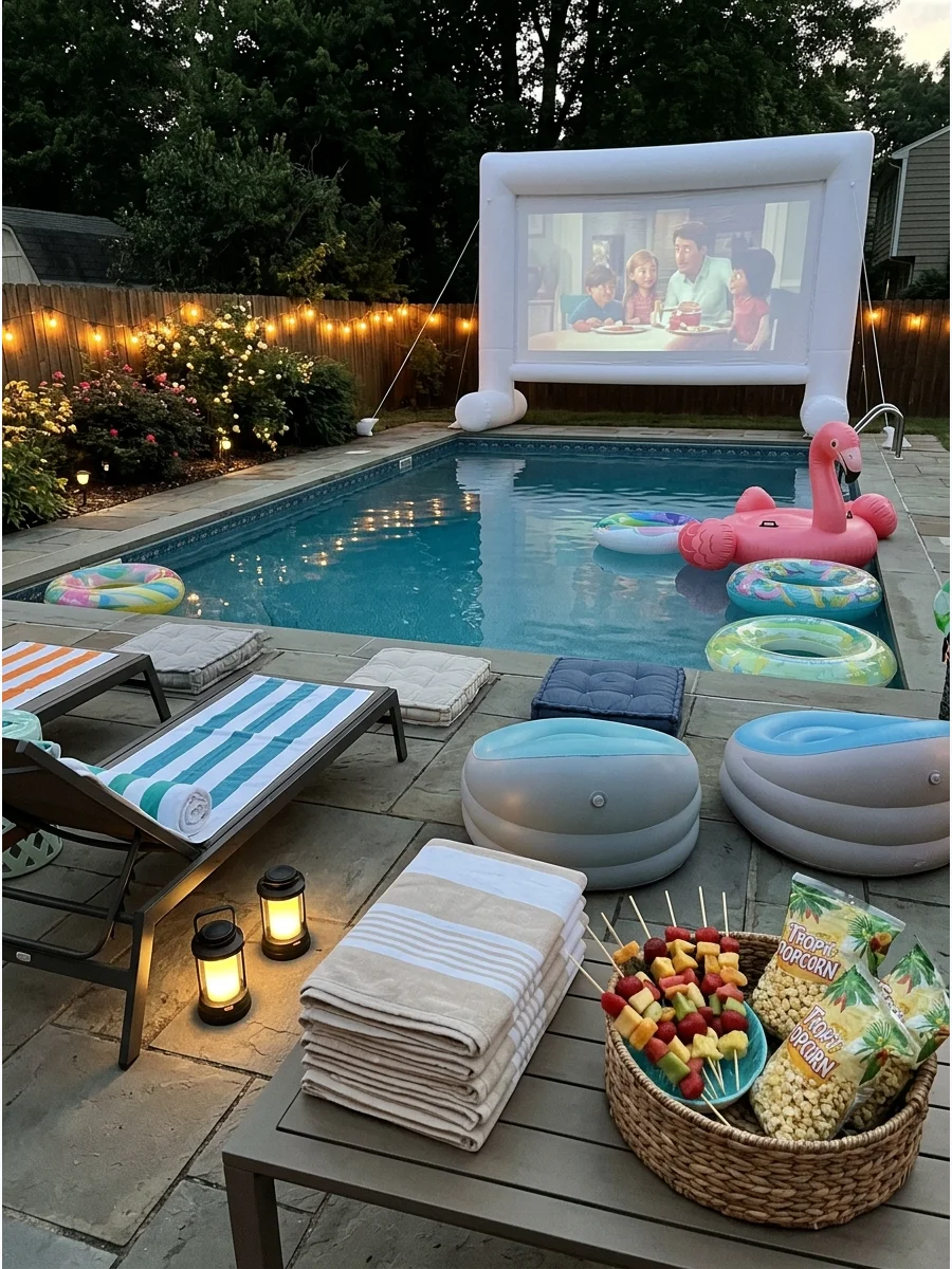 A movie screen set up at the edge of a swimming pool with floats.