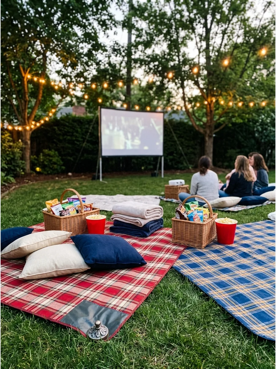 Picnic blankets and baskets spread out for a backyard movie.