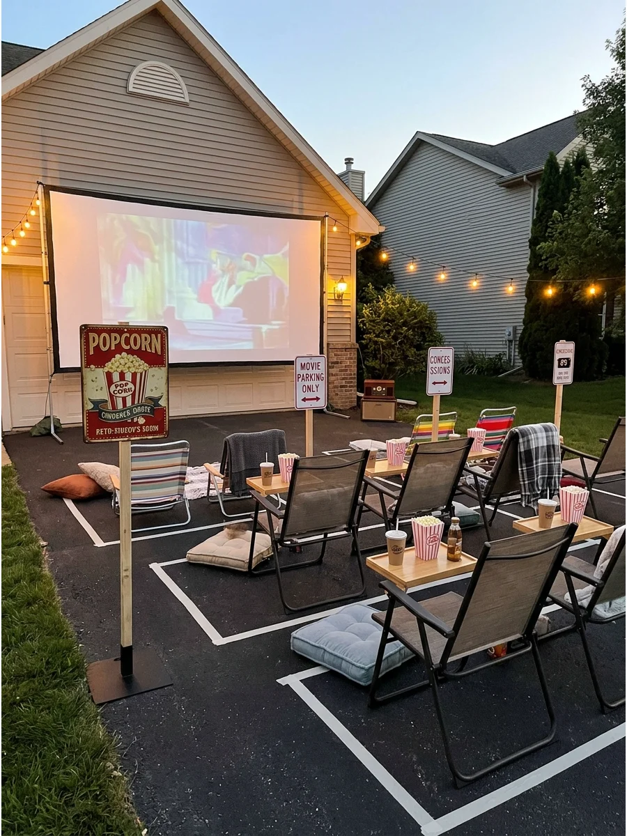 A driveway set up like a drive-in theater with chairs and signs.