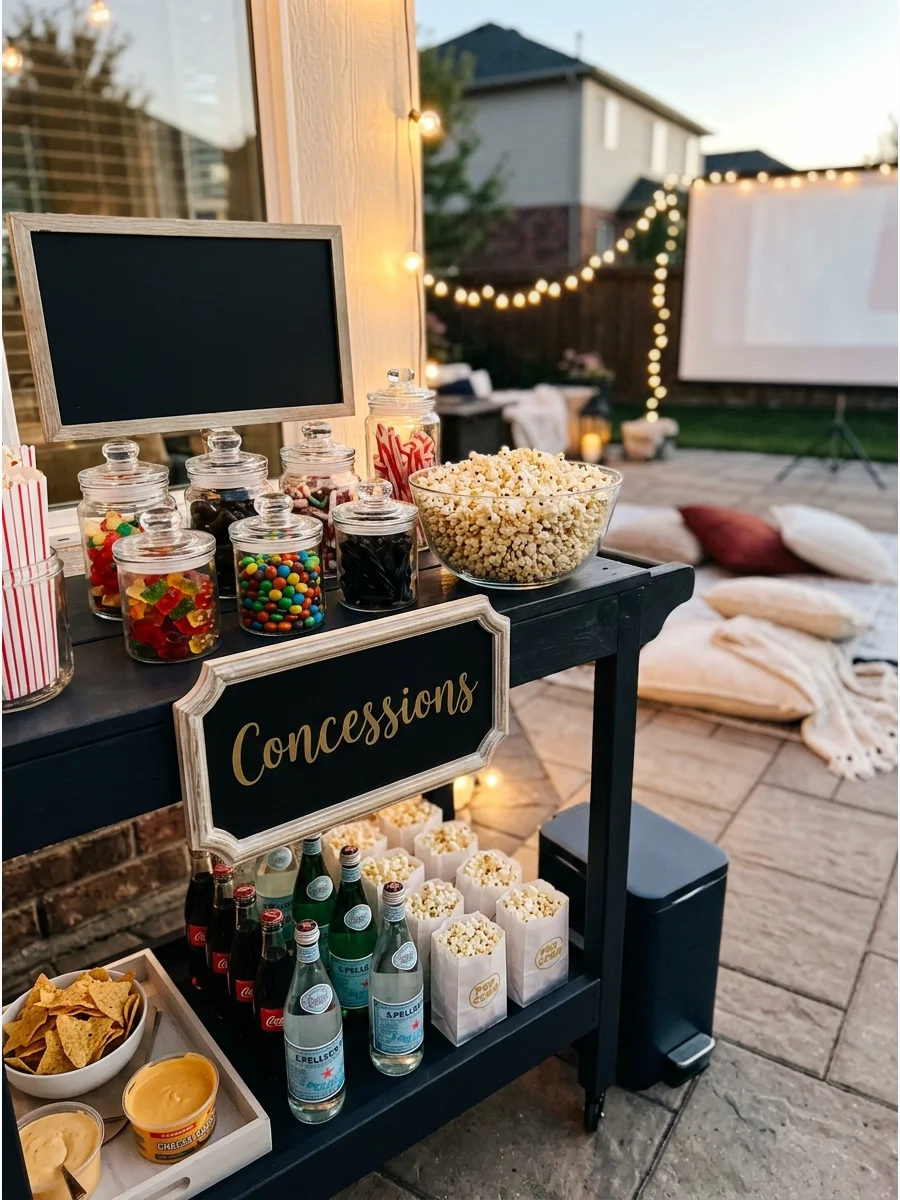 A snack bar set up on a patio with movie treats and candy.