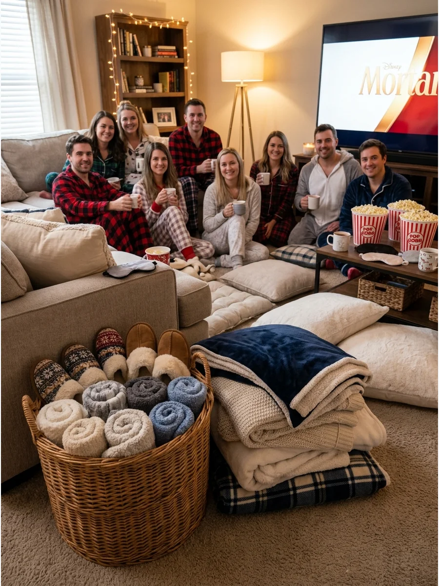 A basket of fuzzy socks and slippers prepared for a pajama movie night.