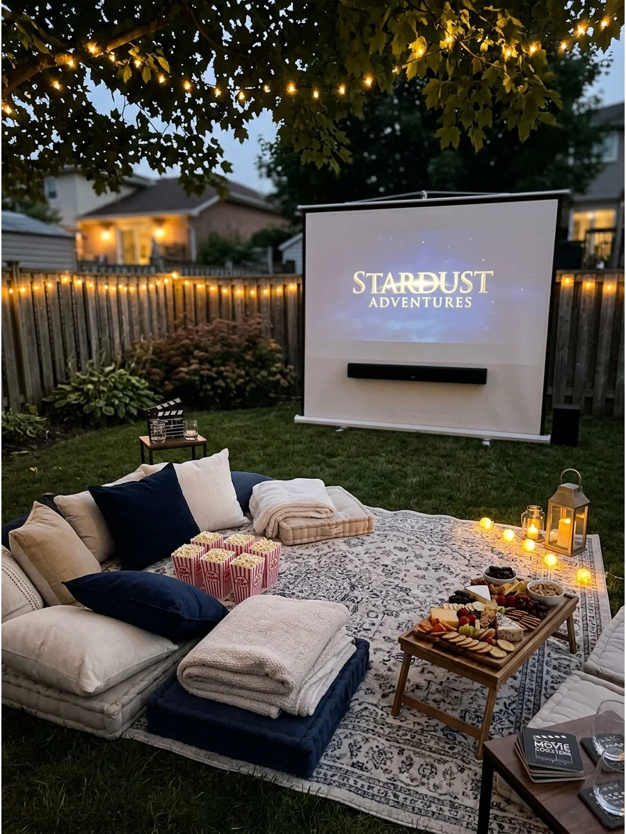 A luxury backyard movie setup with sofas and lanterns.