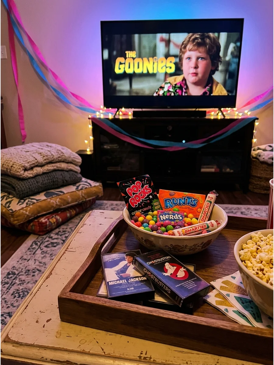 A 1980s themed movie night setup with neon streamers and retro snacks.