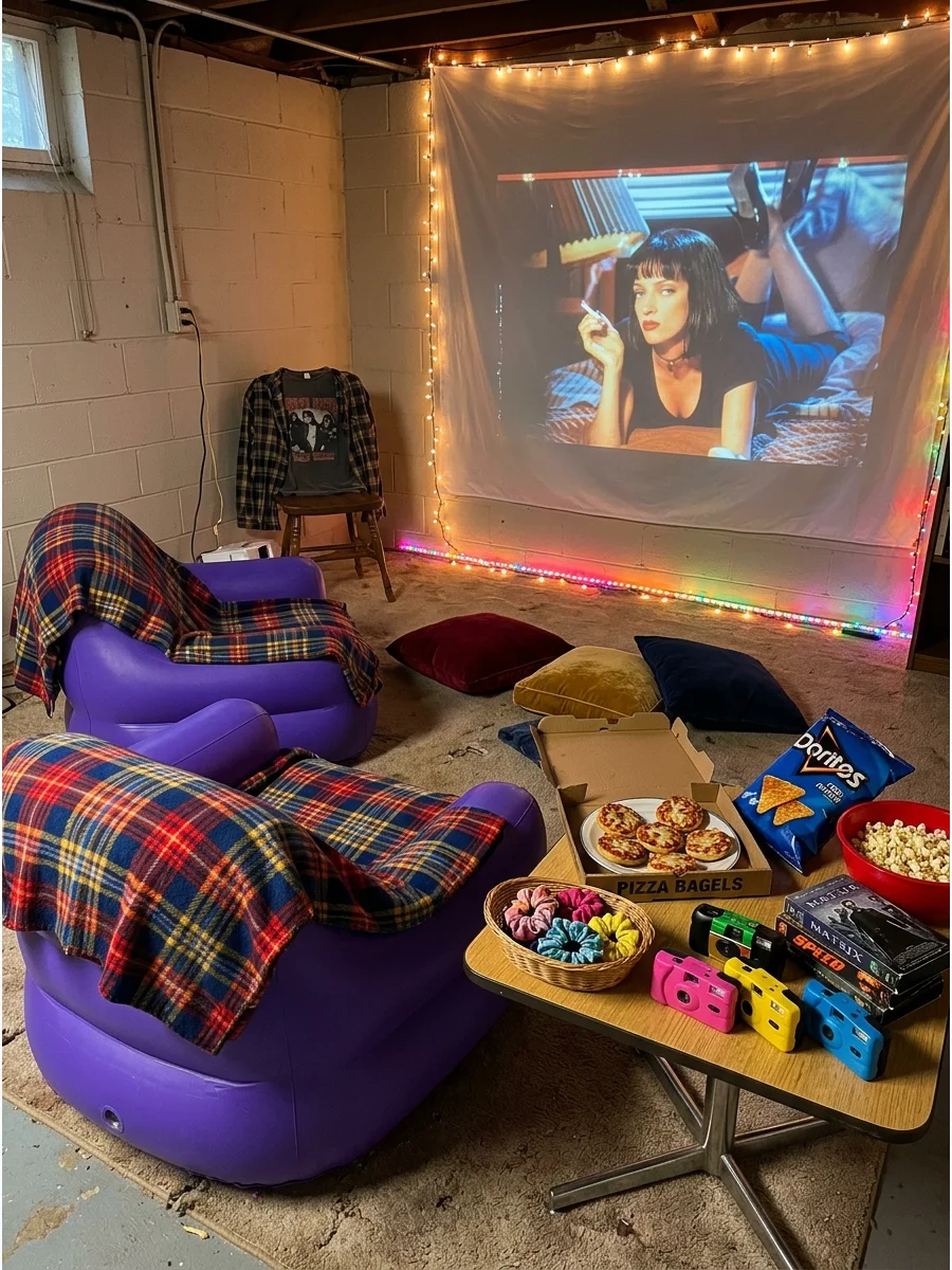 A 1990s themed movie setup with inflatable chairs and flannel blankets.