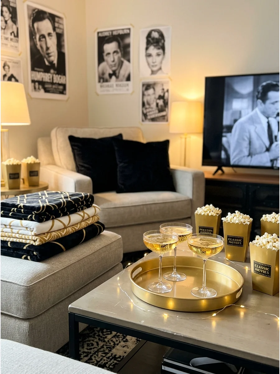 A classic Hollywood movie night with black velvet and gold accents.