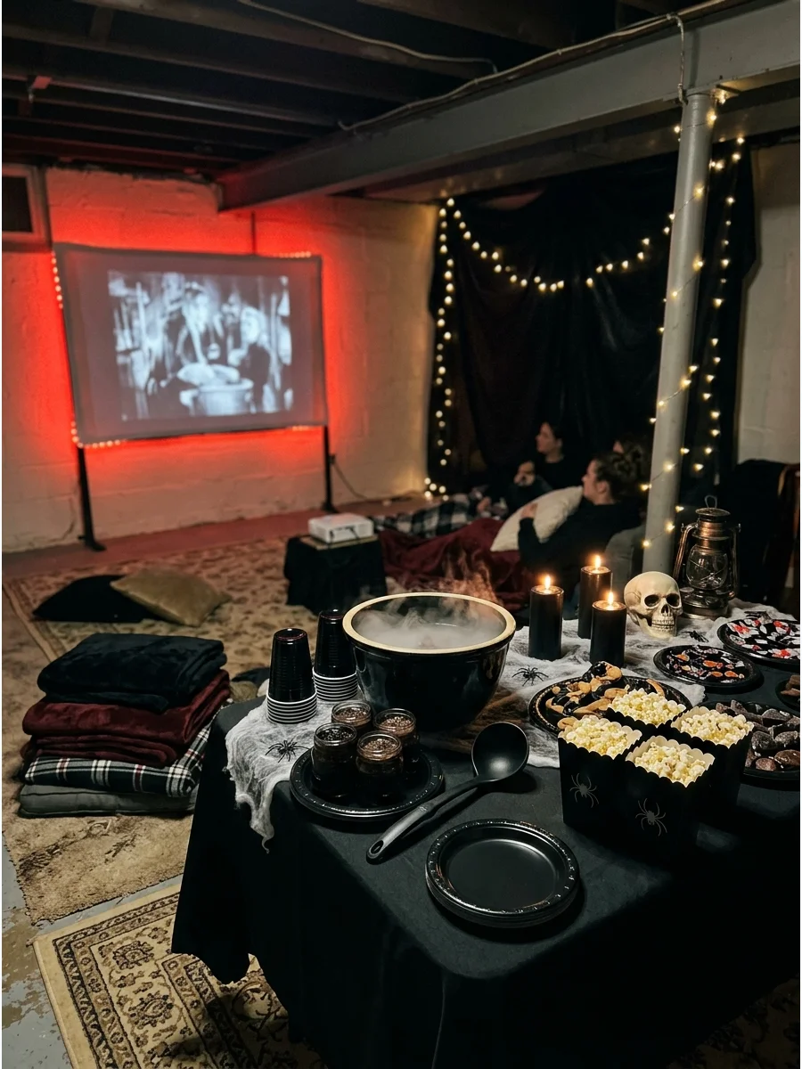 A spooky horror movie night setup with red lighting and a fogging punch bowl.