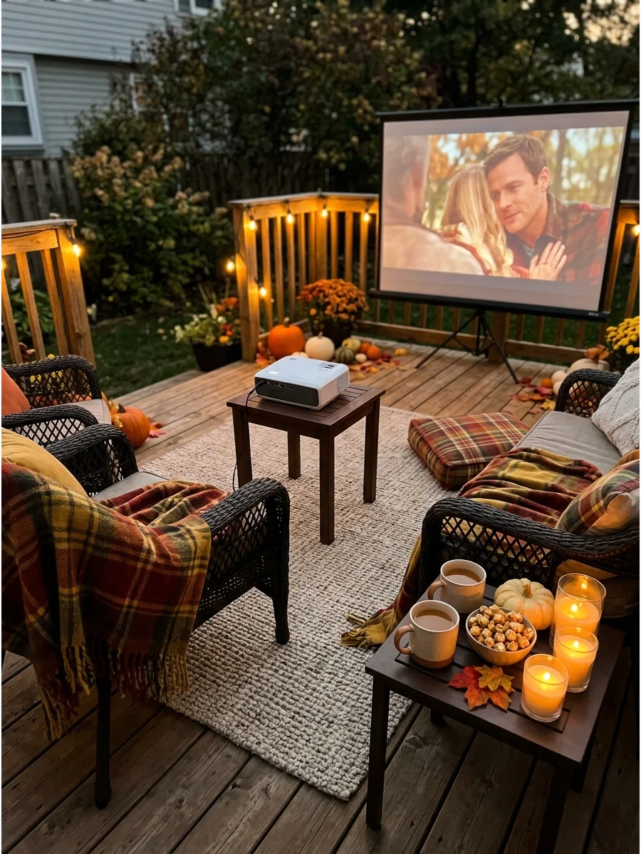 A cozy fall movie night on a patio with wool blankets and cider.