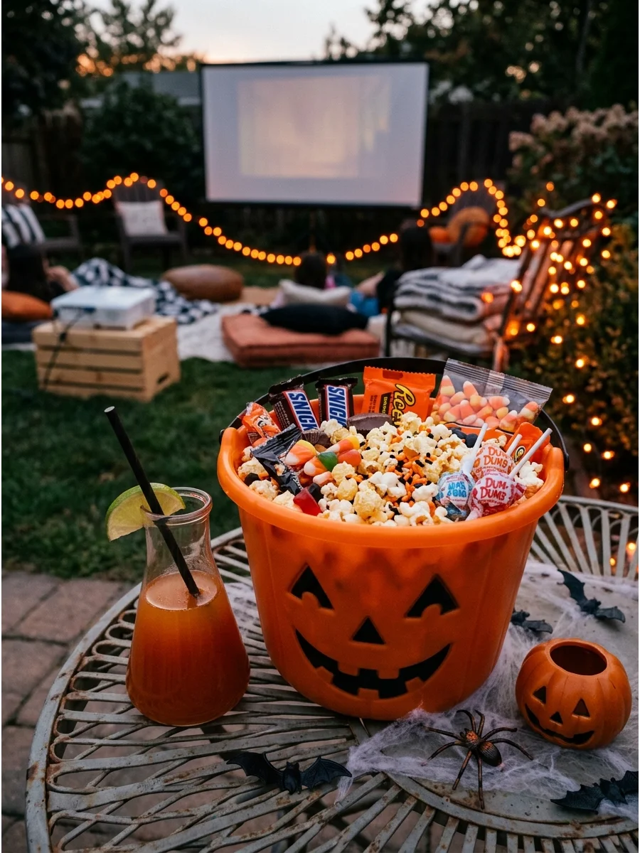 A Halloween movie night in a backyard with cobwebs and orange lights.