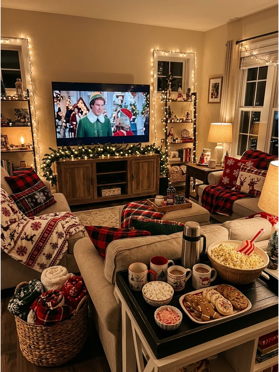 A Christmas movie night setup with garland and a hot cocoa bar.