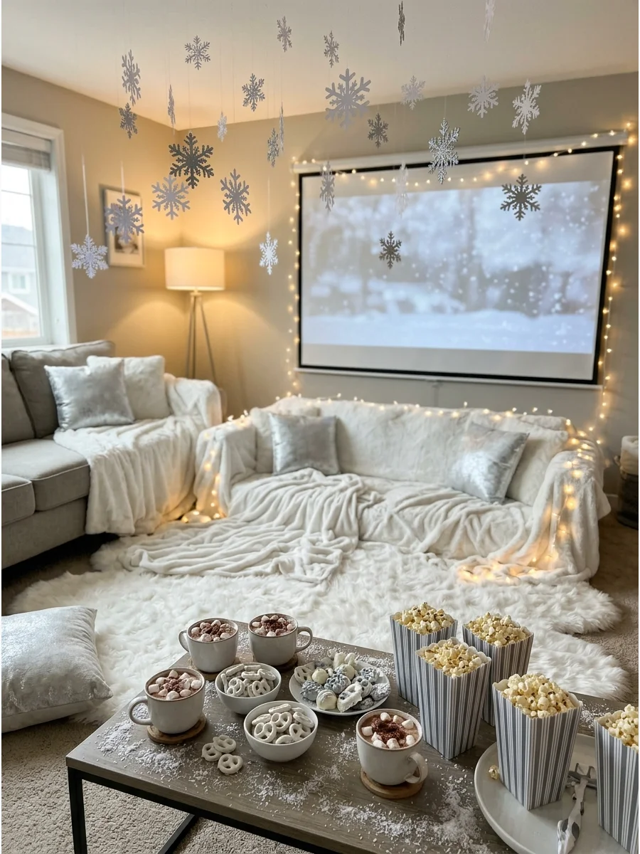 A winter wonderland movie night with white fur rugs and hanging snowflakes.