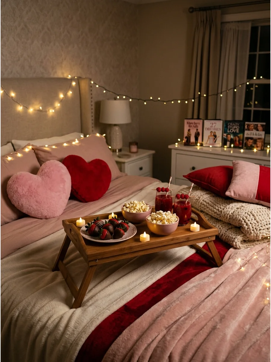 A romantic comedy movie night in a bedroom with heart pillows and strawberries.
