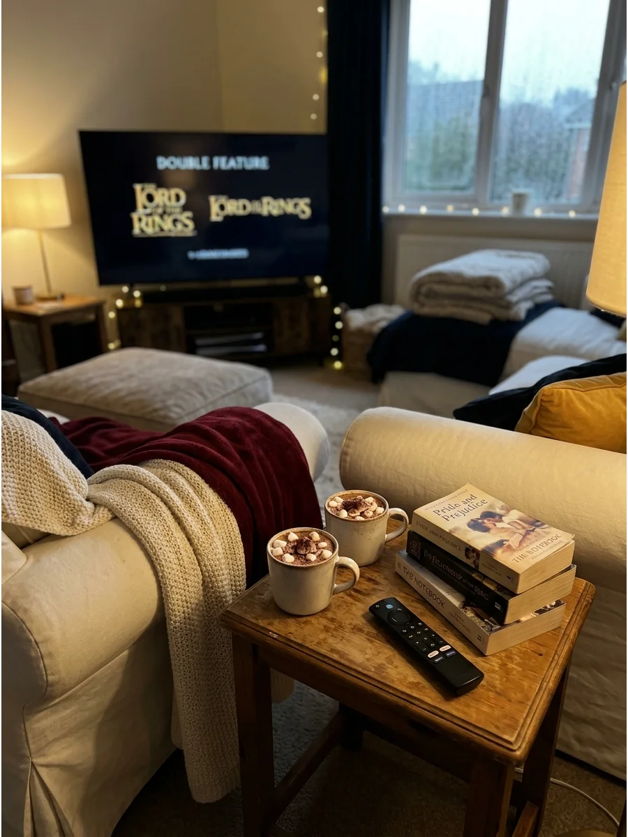 Hot chocolate and cookies on a side table for a rainy day movie night.