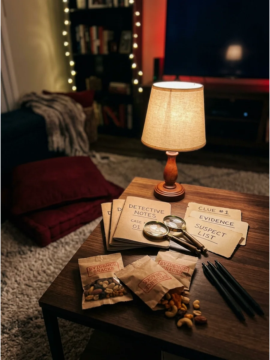A mystery movie night with detective notebooks and evidence snack bags.