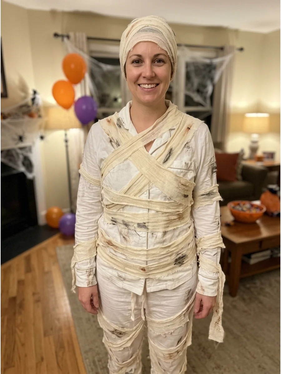 Mummy Pajama Costume. Transform plain white or cream pajamas into a comfortable mummy costume by adding lightweight fabric strips. This version is especially practical for a relaxe