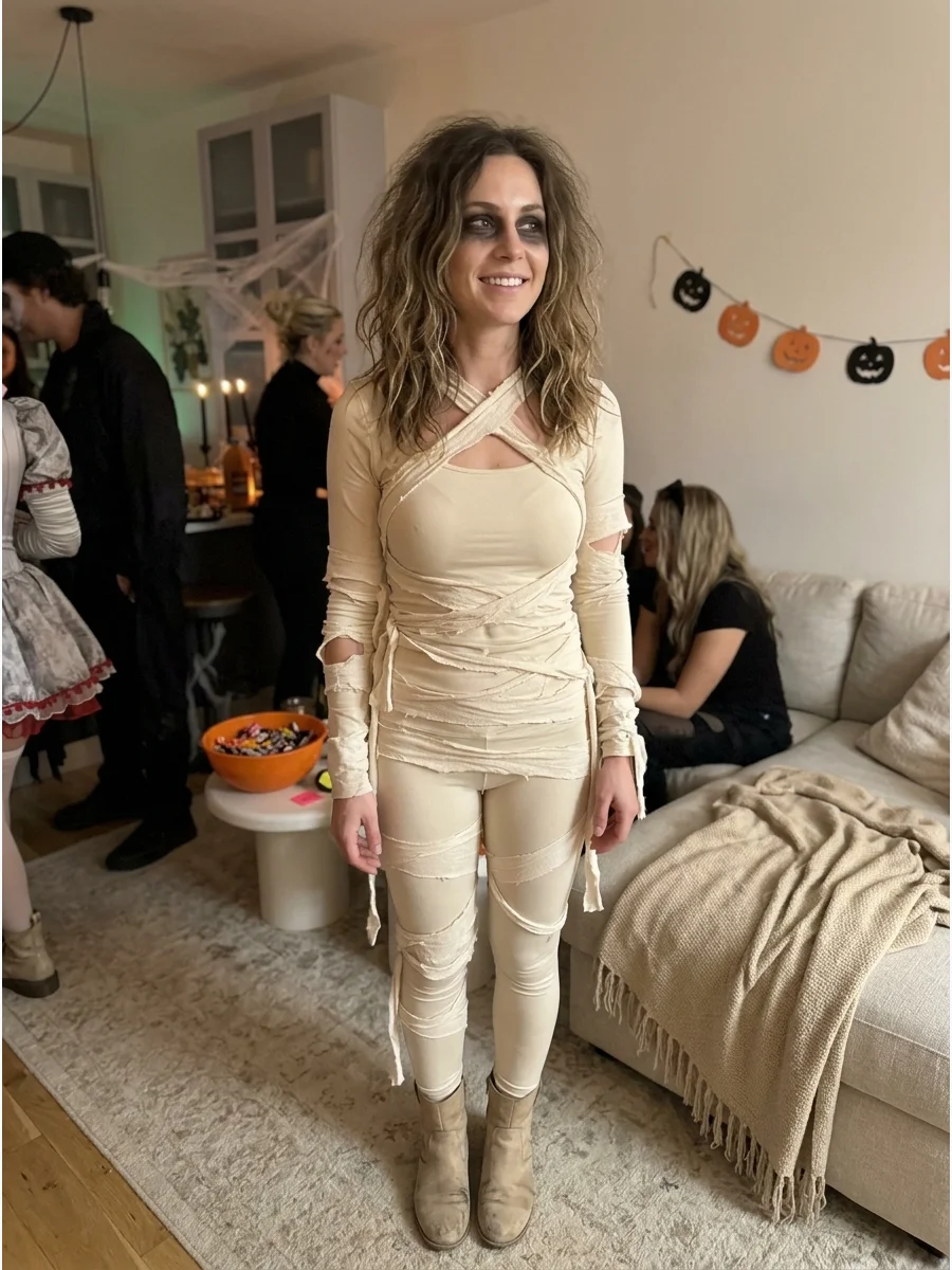 Classic Women’s Mummy Costume. Wear a fitted cream top with matching leggings and layered fabric strips. Complete the costume with ankle boots, dark eye makeup, and loose textured