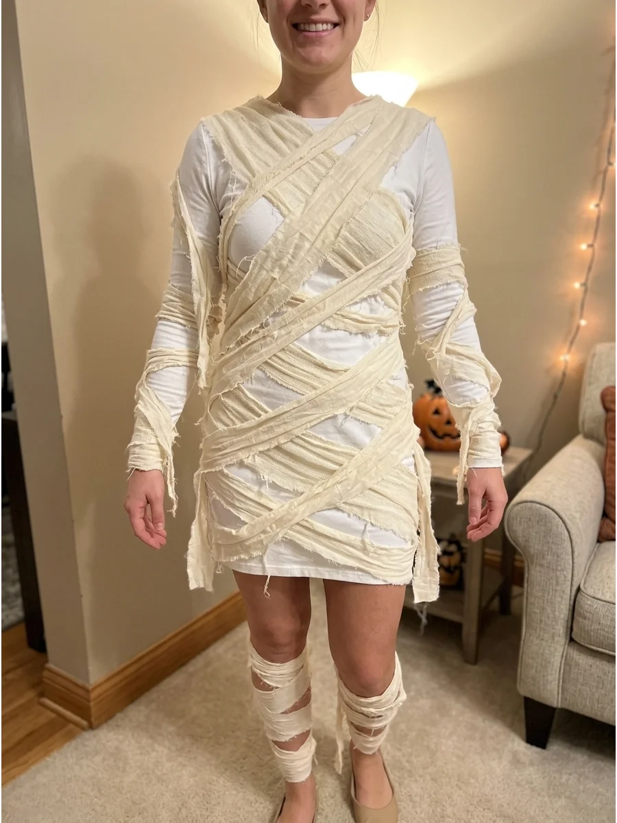 Mummy Dress Costume. Attach distressed strips of cream fabric to a comfortable white dress. Layer the pieces diagonally across the dress to create movement while keeping the hem sh