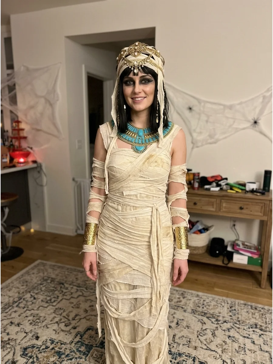 Royal Mummy Queen Costume. Wear a long cream dress with aged fabric strips, gold cuffs, and an ornate headpiece. Add a dramatic necklace and dark eye makeup to portray an ancient q