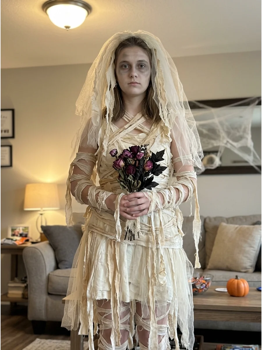 Mummy Bride Costume. Distress an inexpensive cream dress and add torn tulle, fabric strips, and an aged-looking veil. Carry a small bouquet of dried or artificial dark flowers to f