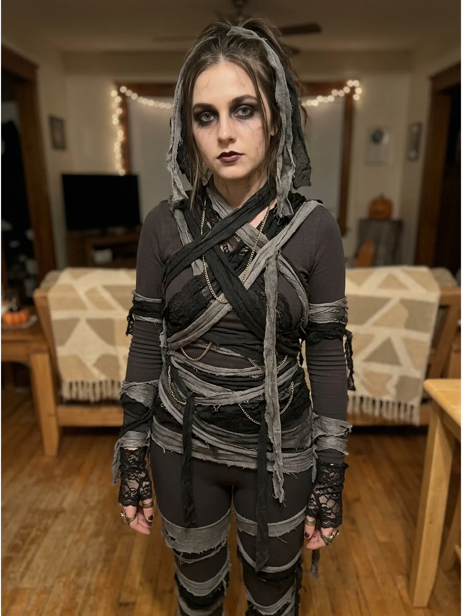 Gothic Mummy Costume. Use black and gray fabric strips over a dark fitted outfit instead of traditional white wrappings. Add lace gloves, dark lipstick, and smoky eye makeup for a