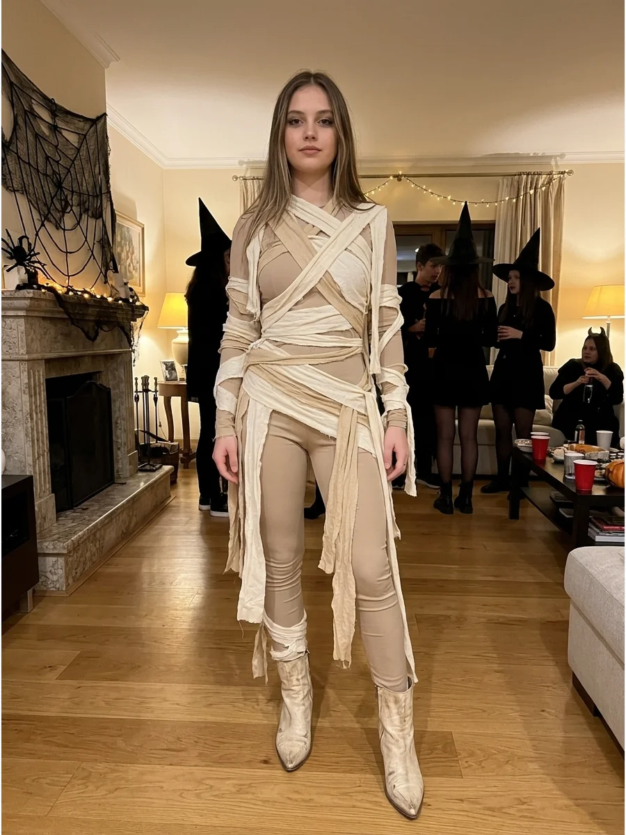 Fashionable Mummy Costume. Layer asymmetrical cream fabric over a fitted jumpsuit and add pointed ankle boots. Keep the accessories minimal so the draped texture becomes the main f