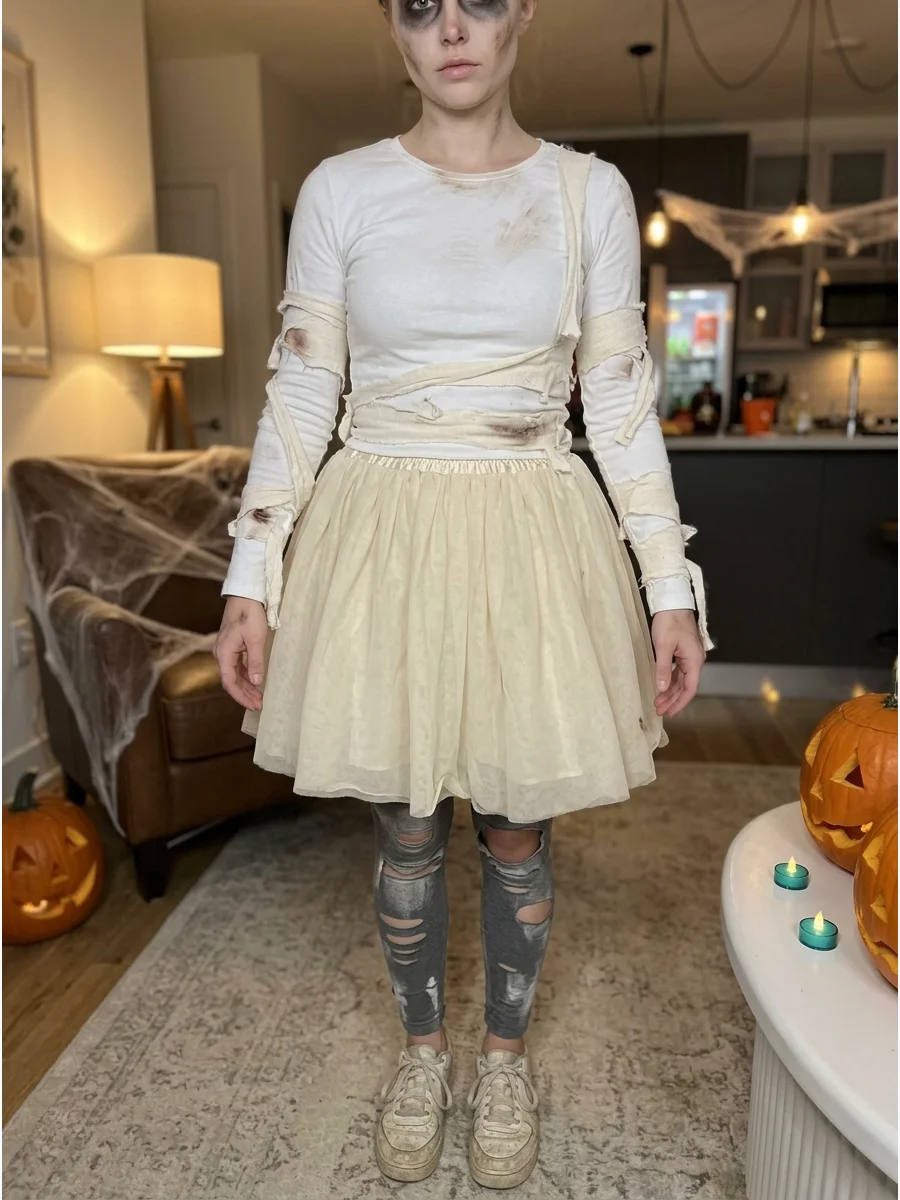 Mummy Tutu Costume. Pair a cream tutu with a white top, leggings, and fabric strips attached around the sleeves and waist. Add distressed tights and dark eye makeup to balance the