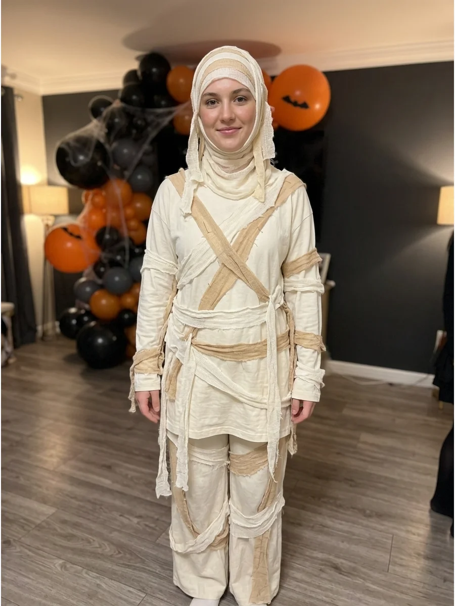 Modest Mummy Costume. Wear a long-sleeve cream tunic with loose matching pants and short fabric strips securely attached to the clothing. Add a lightweight head covering inspired b