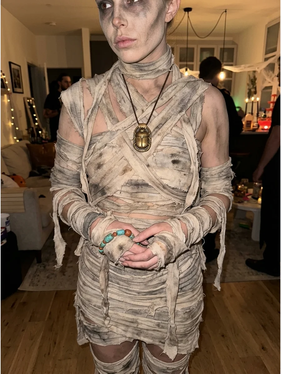Ancient Tomb Mummy Costume. Use beige and gray fabric strips with distressed edges to create a costume that looks centuries old. Add dusty-looking makeup and dark shading around th