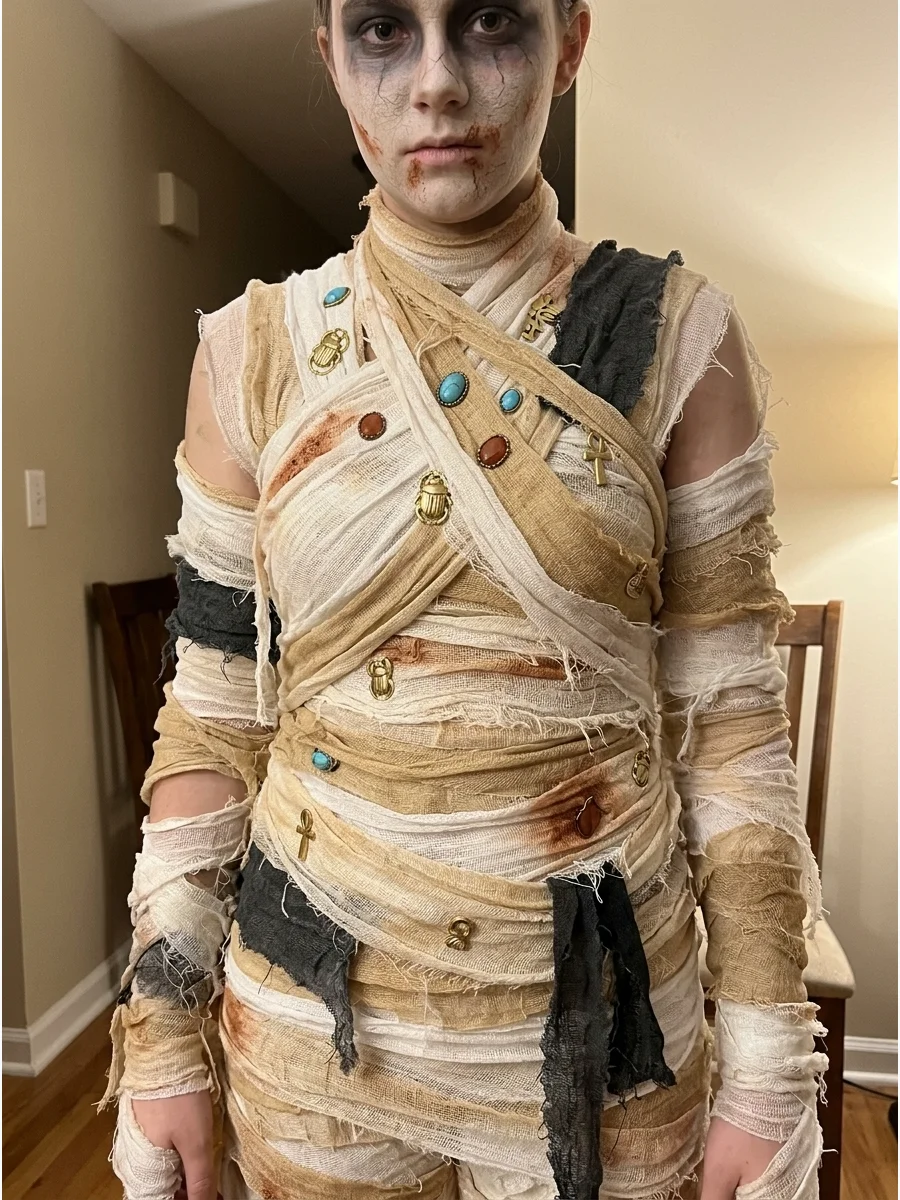 Cursed Mummy Costume. Attach small gold symbols, imitation jewels, and scraps of dark fabric between the wrappings. Use dramatic makeup to suggest that the mummy has escaped after