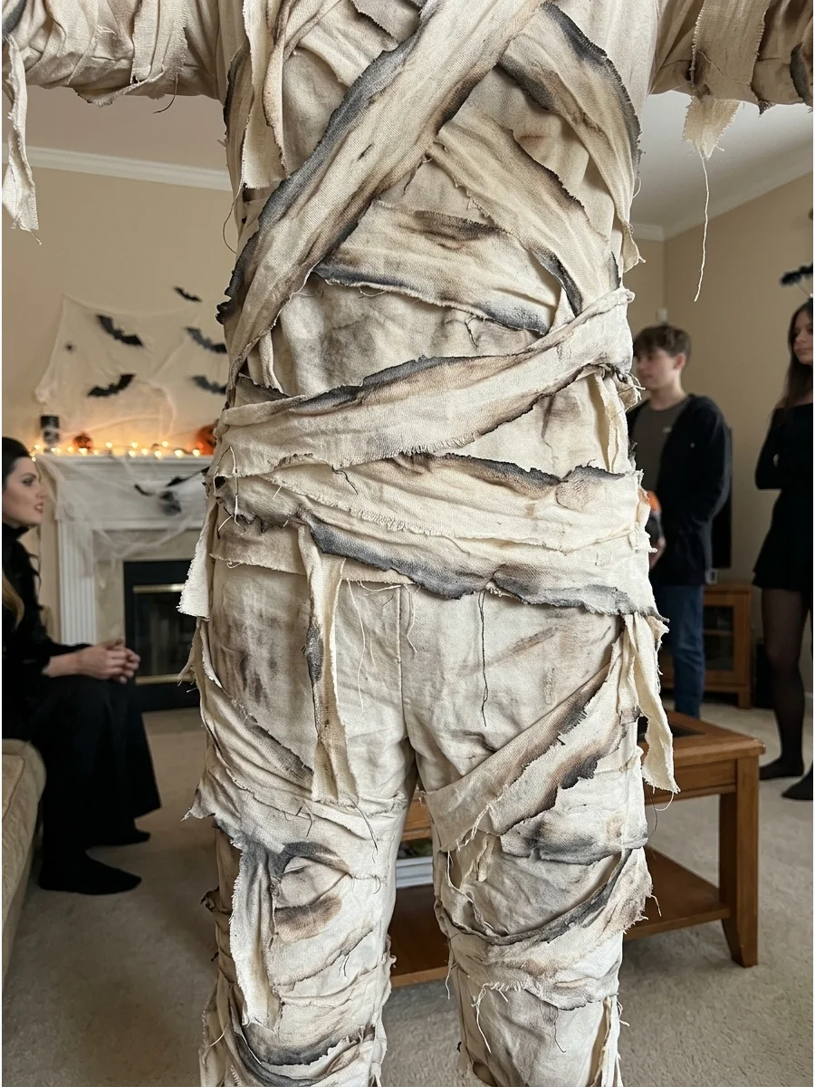 Burnt-Looking Mummy Costume. Use charcoal-gray and brown fabric paint around the edges of cream strips to create a scorched appearance. Apply the color lightly and unevenly so the