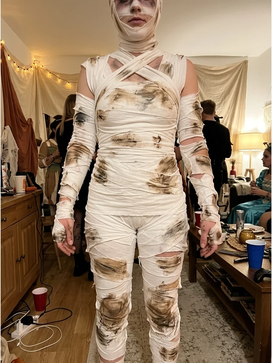 Muddy Mummy Costume. Dab washable brown fabric paint onto the knees, elbows, and lower edges of the outfit. The distressed coloring can make the mummy look as though it has climbed