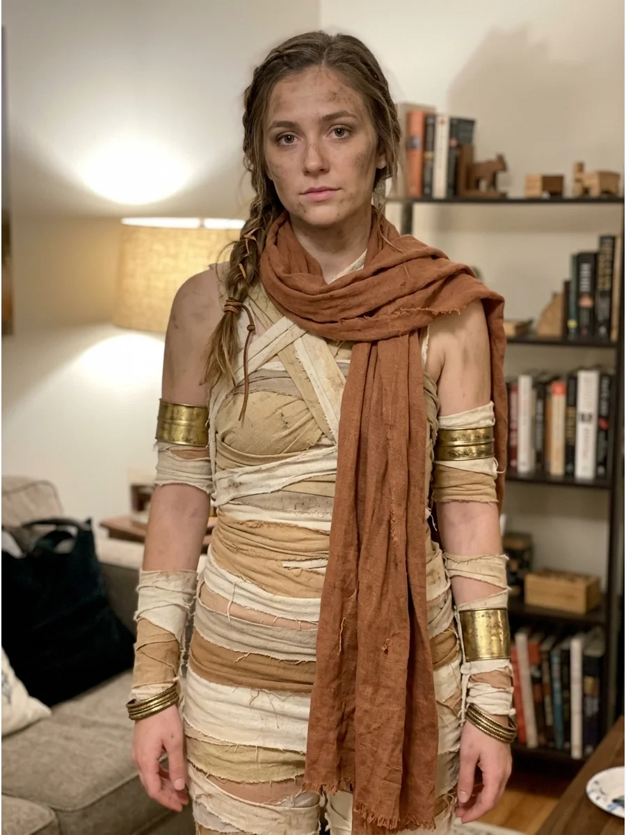 Desert Mummy Costume. Choose sand, cream, tan, and rust-colored fabrics to create a warm desert palette. Add a weathered scarf, gold cuffs, and dusty makeup for an archaeological-a