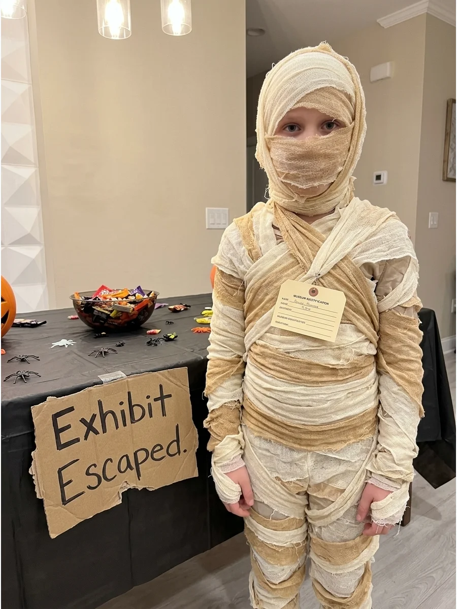 Museum Mummy Costume. Dress as an ancient mummy with a museum identification tag attached to the outfit. Add a broken cardboard display sign reading “Exhibit Escaped” for a funny s