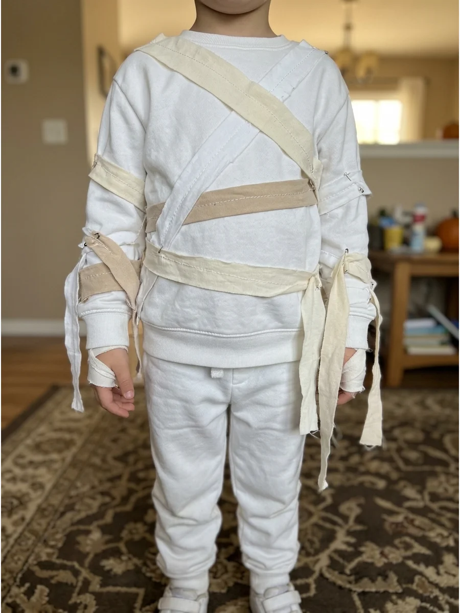 Easy Kids’ Mummy Costume. Attach soft cotton strips to a white sweatshirt and sweatpants so the child can move comfortably. Use short pieces and secure every strip to prevent loose