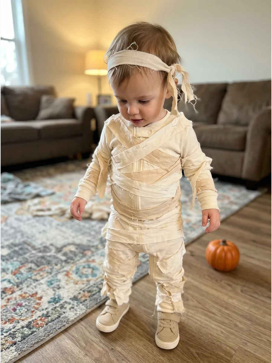 Toddler Mummy Costume. Use soft cream pajamas as the base and attach wide, lightweight strips across the outfit. Keep the head uncovered or use a soft hat with a few decorative fab
