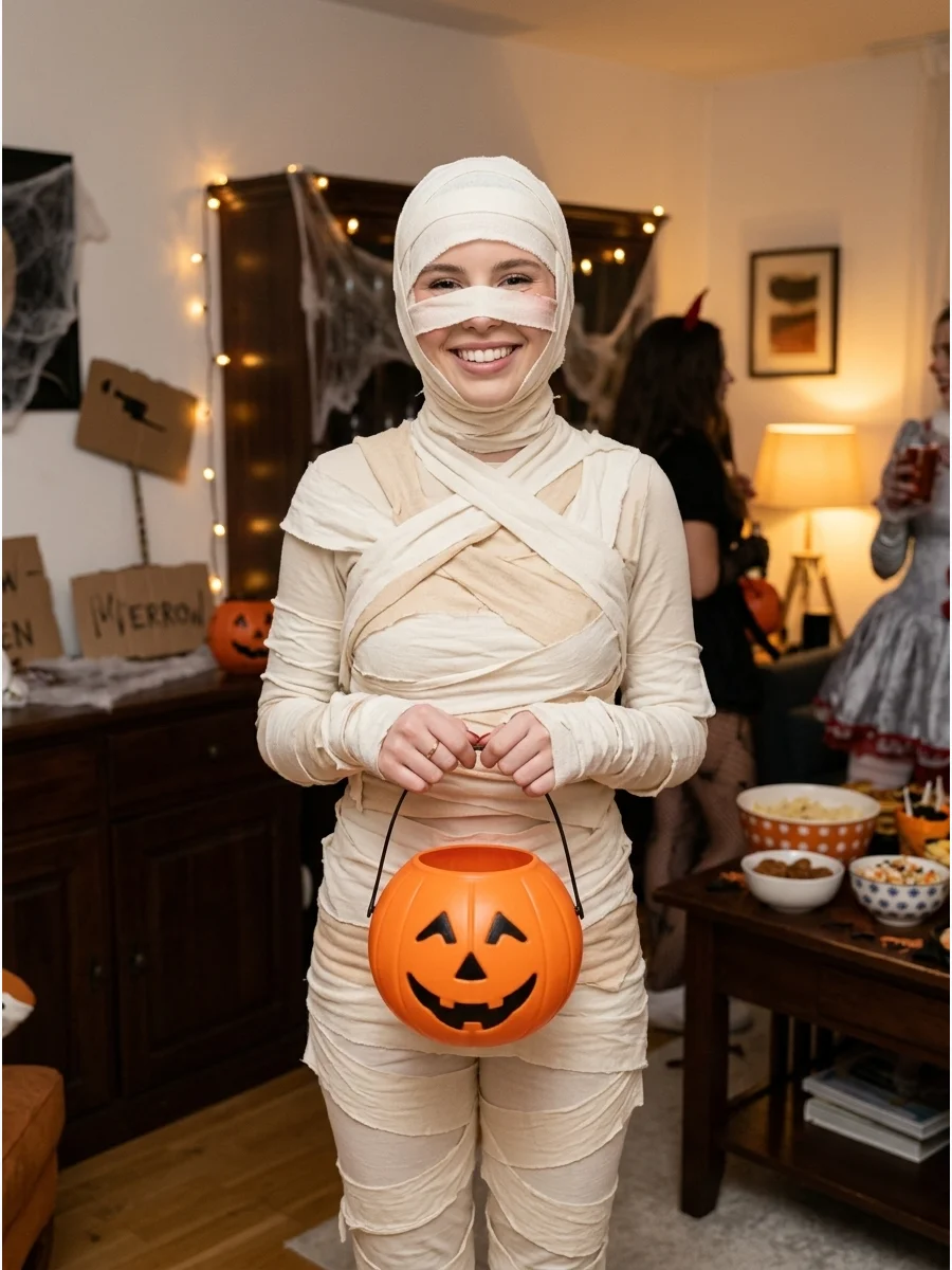 Cute Mummy Costume. Create a friendly version with clean cream wrappings, rosy cheeks, and a smiling pumpkin bucket. This idea provides the recognizable mummy look without frighten