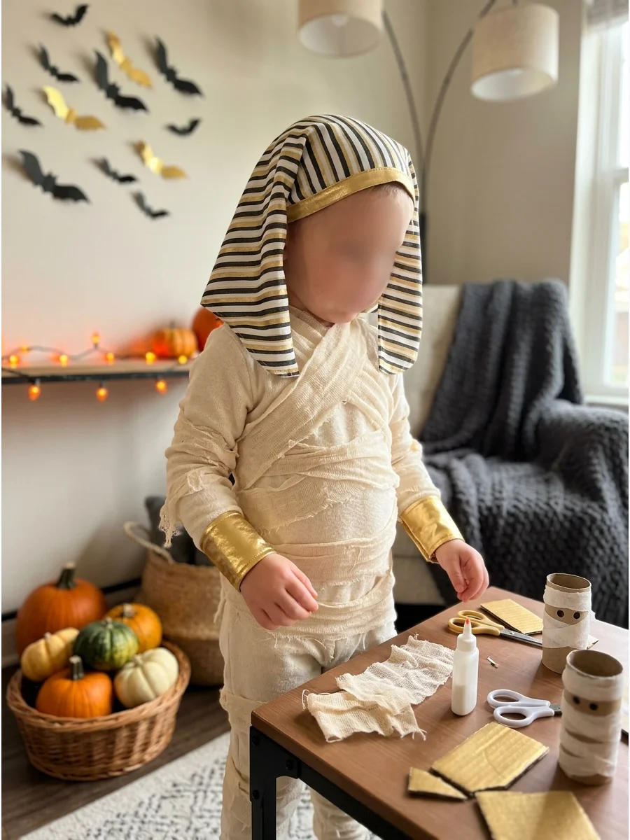 Little Pharaoh Mummy Costume. Combine a simple mummy outfit with a striped Egyptian-inspired headpiece and gold wrist cuffs. Use lightweight craft materials so the accessories rema