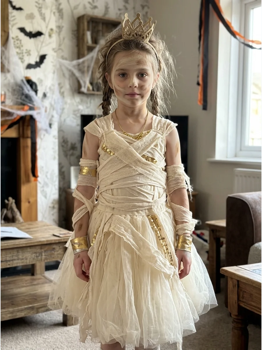 Mummy Princess Costume. Pair a cream dress or tutu with soft fabric strips and gold accessories. Add a small crown or decorative headband for a child who wants both a spooky and pr