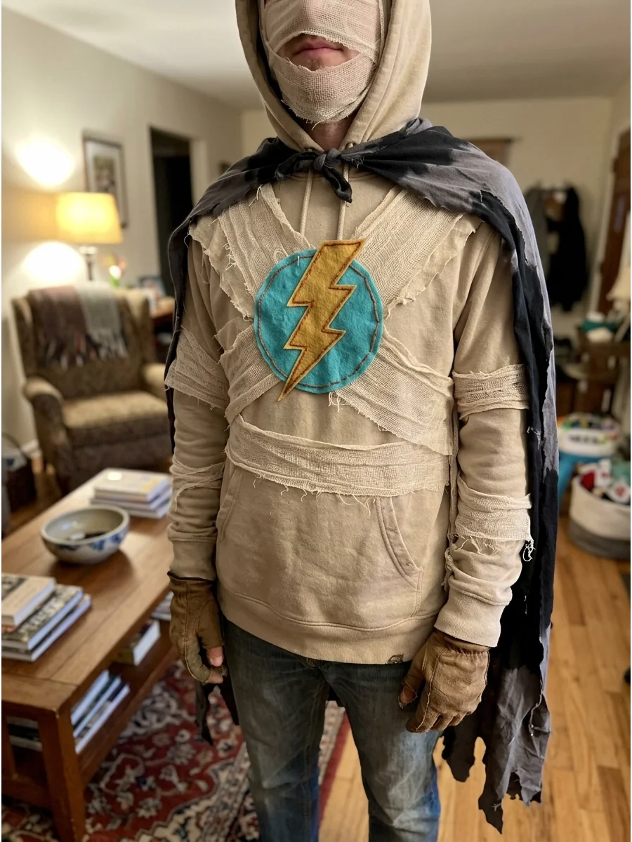 Mummy Superhero Costume. Place a removable fabric emblem over a wrapped sweatshirt and add a short distressed cape. Keep the cape above the knees to make walking easier and safer.
