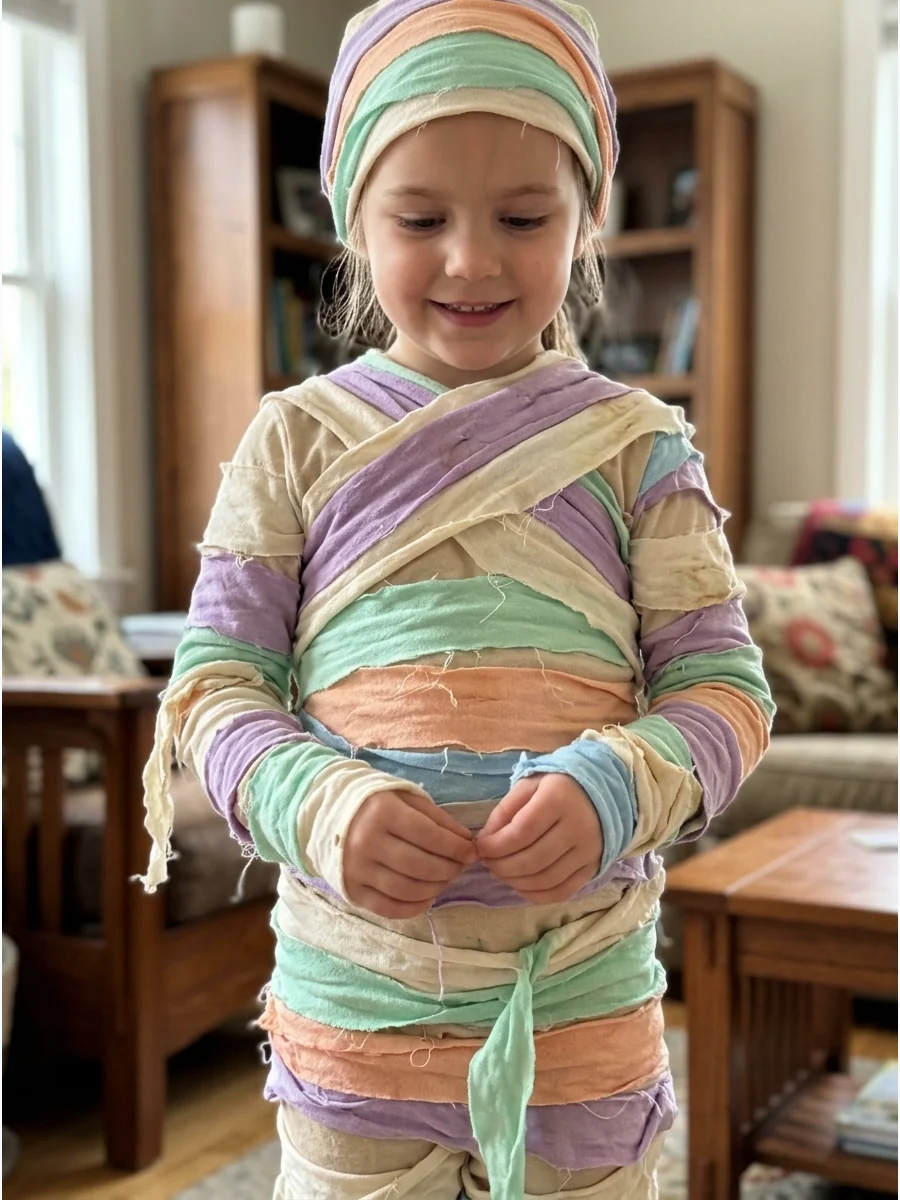 Rainbow Mummy Costume. Use pale strips in cream, lavender, mint, peach, and light blue rather than a completely neutral palette. Layer the colors irregularly to create a cheerful v