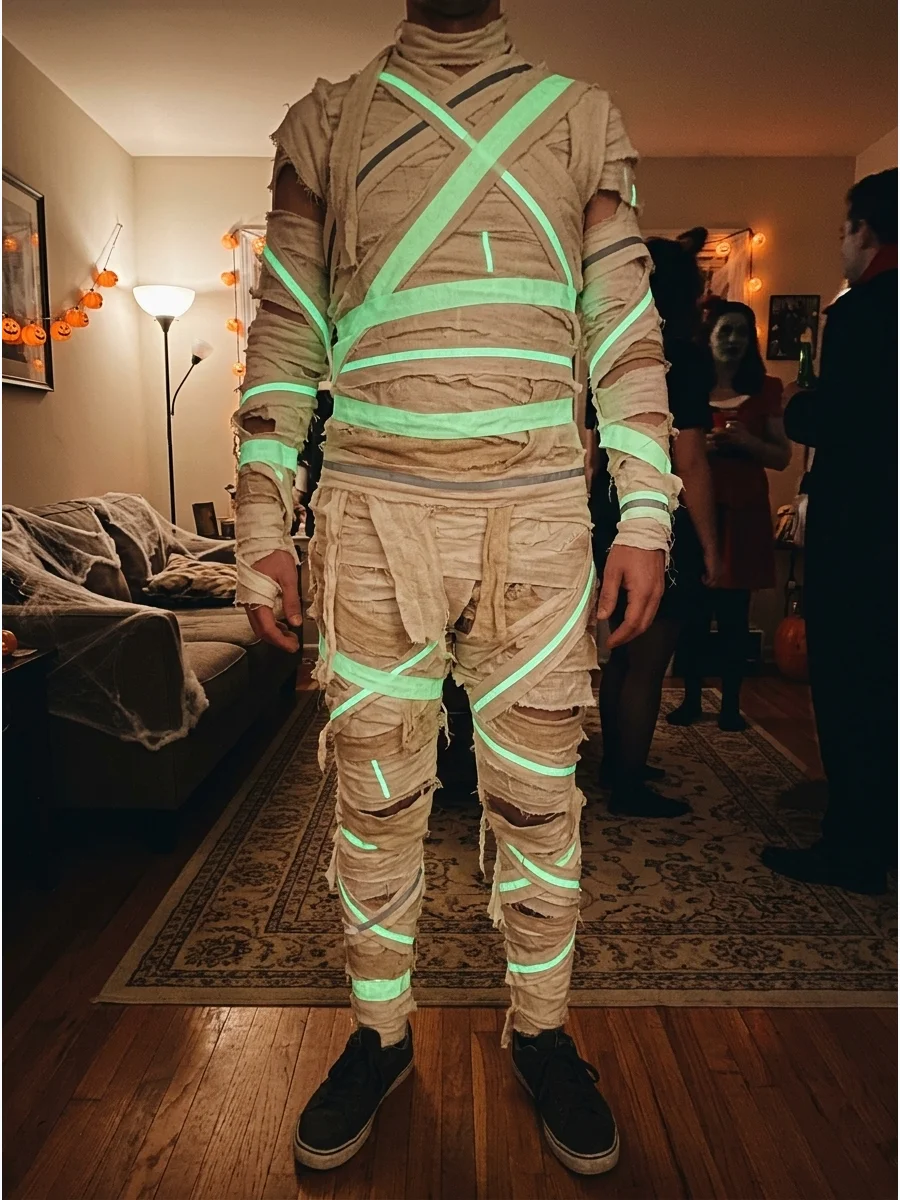 Glow-in-the-Dark Mummy Costume. Apply glow-in-the-dark fabric tape or safe reflective strips over the mummy wrappings. The glowing details make the costume stand out during evening