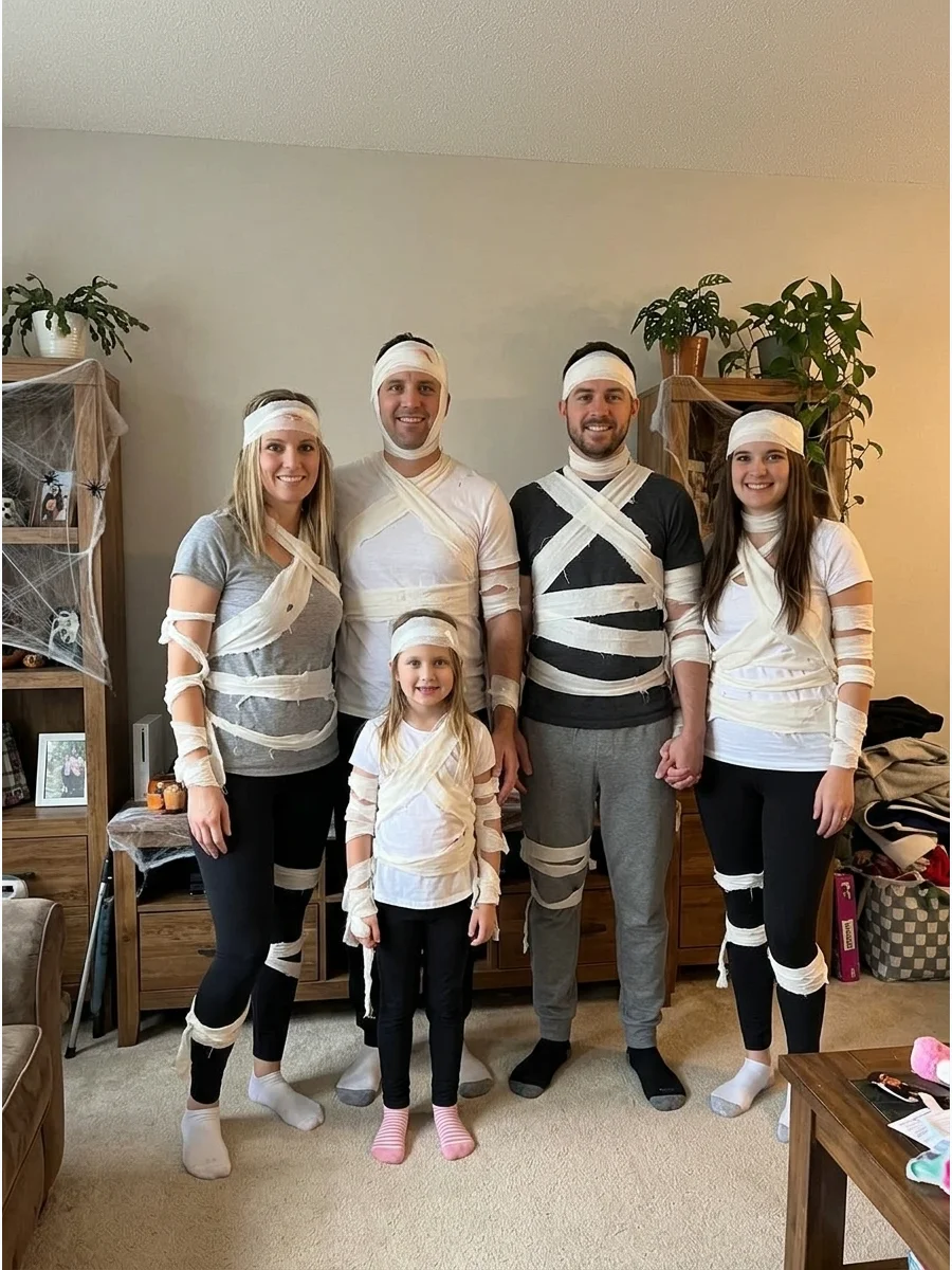 School-Friendly Mummy Costume. Attach short strips to a white T-shirt and comfortable pants without covering the hands or face. This simple version is easy to sit, walk, and partic