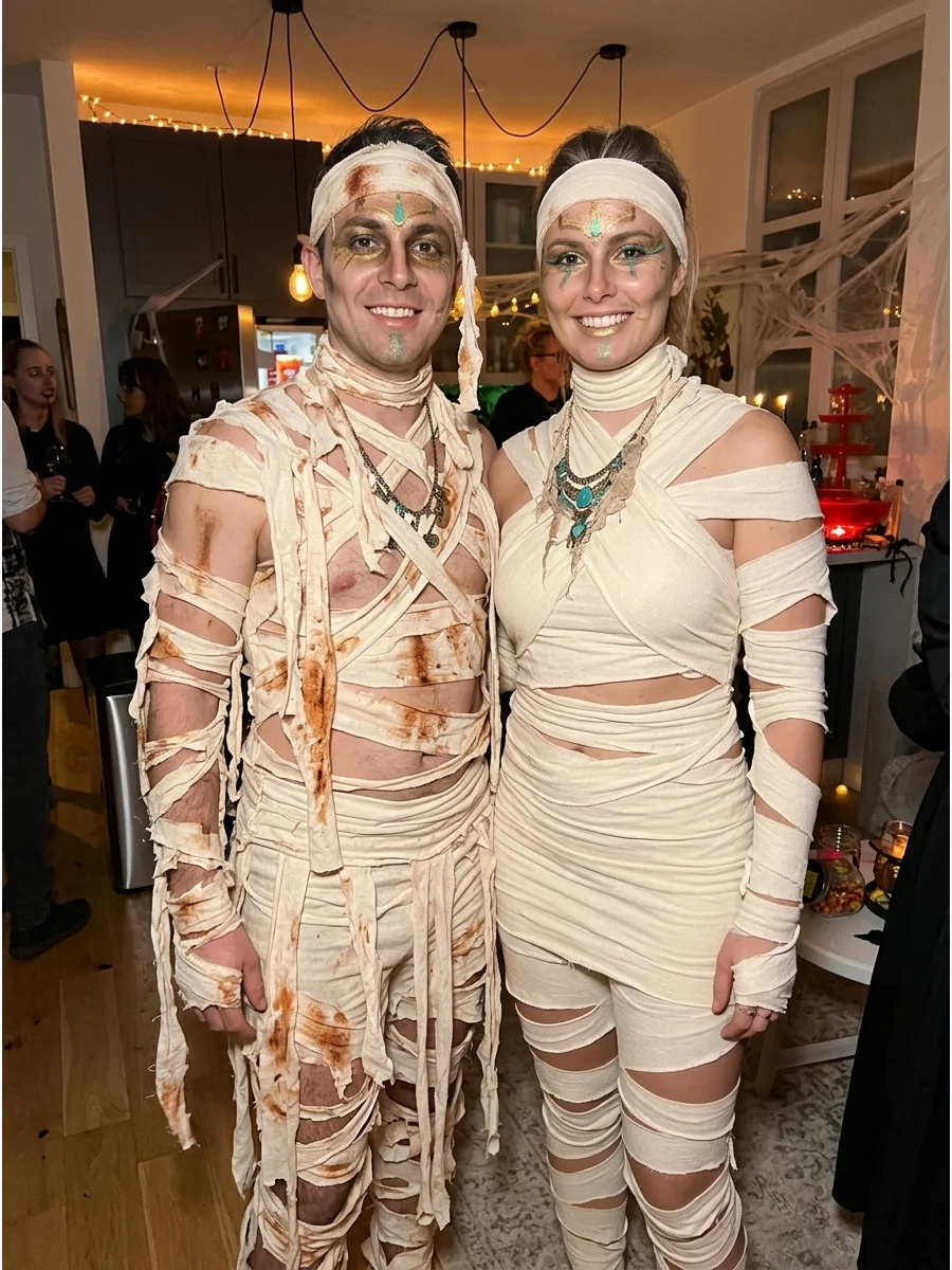 Matching Mummy Couple Costume. Dress both people in coordinating cream outfits with differently arranged fabric strips. Use matching makeup and accessories while giving each costum