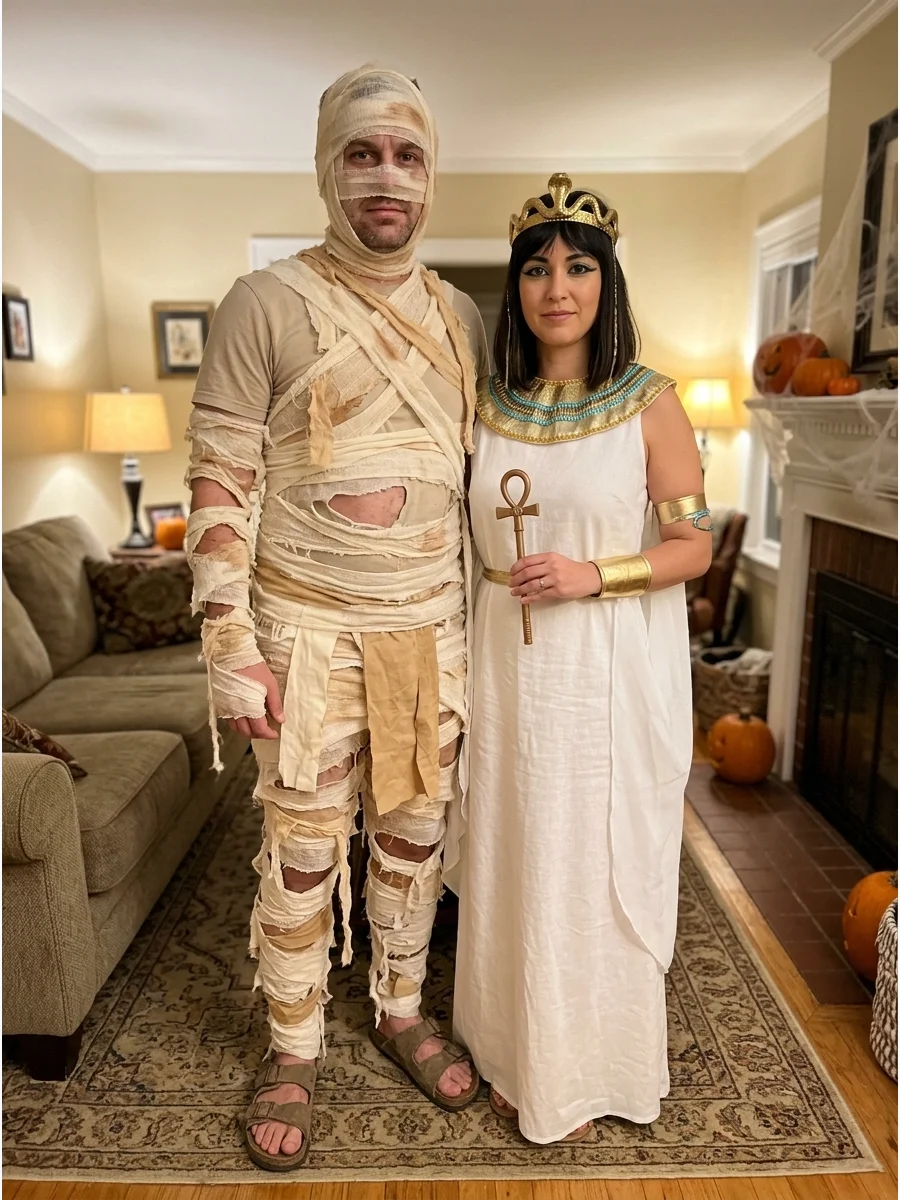 Mummy and Cleopatra Couple Costume. One person can wear an aged mummy costume while the other dresses in a white Egyptian-inspired outfit with gold and turquoise accessories. The c