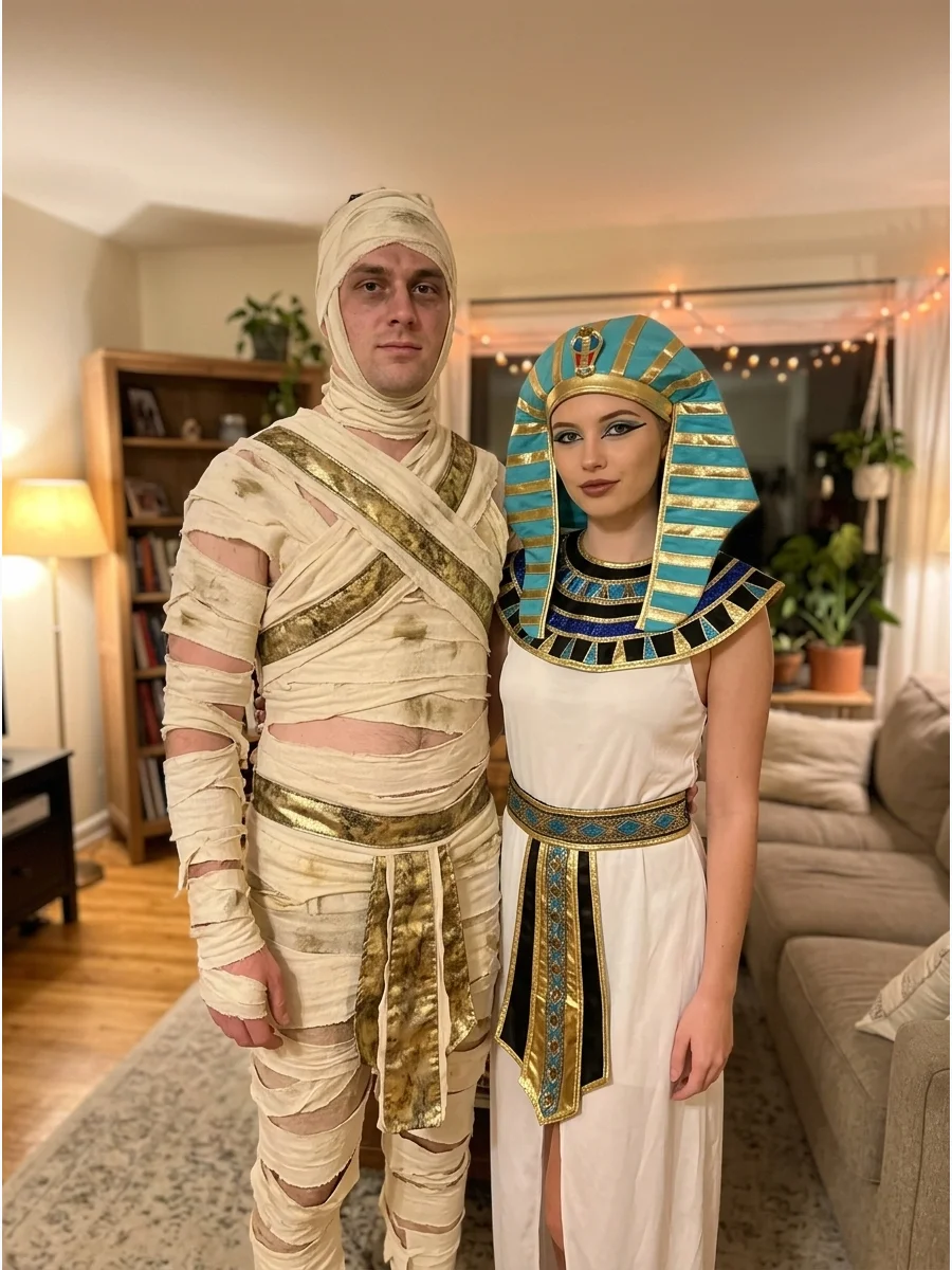 Mummy and Pharaoh Couple Costume. Pair a wrapped mummy outfit with a pharaoh costume featuring a decorative collar, belt, and striped headpiece. Use the same gold accents in both c