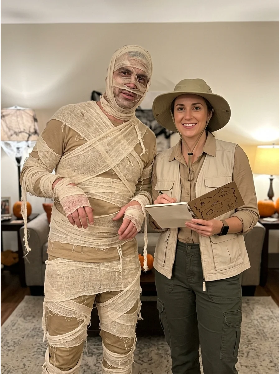 Mummy and Archaeologist Costume. Dress one person as an escaped mummy and the other in neutral explorer clothing with a hat, notebook, and cardboard map. This combination gives the
