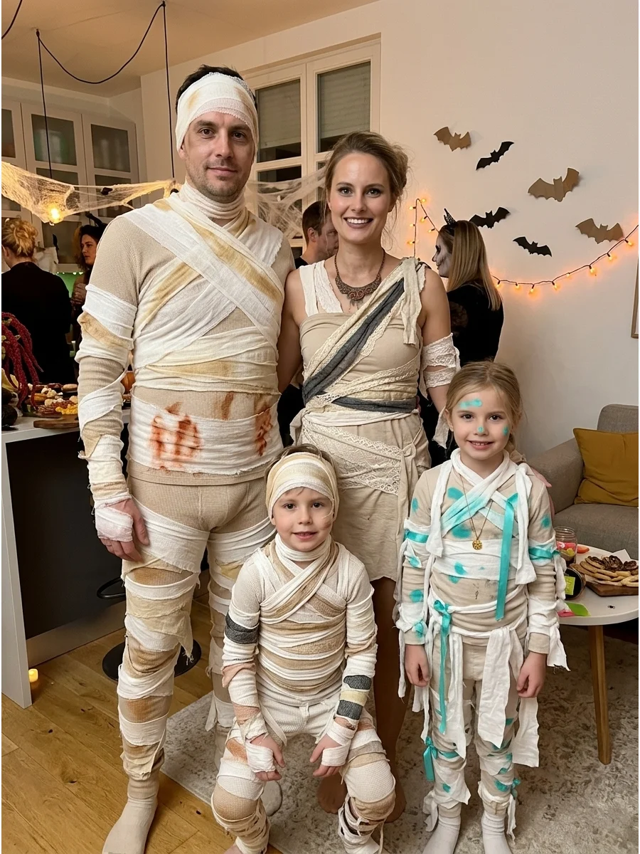 Mummy Family Costume. Dress every family member in coordinated white, cream, or beige base clothing with fabric strips. Vary the wrapping patterns and accessories so each person ha